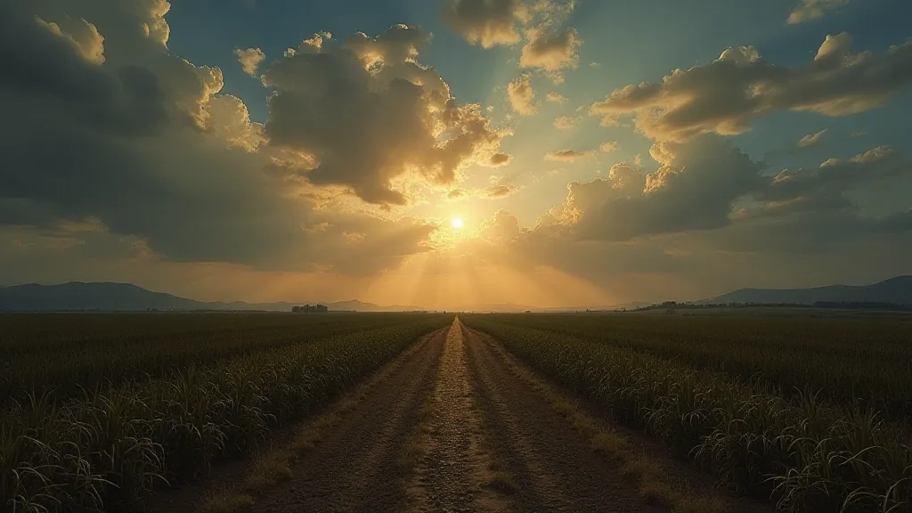 Field of stunted crops in perpetual twilight