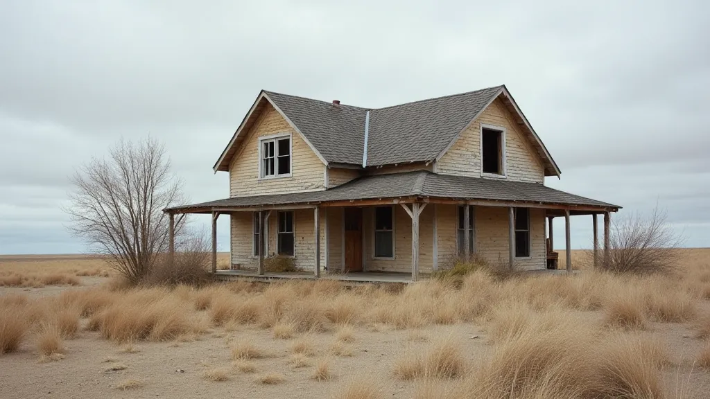 An abandoned farmhouse on the Great Plains, partially buried in sand.