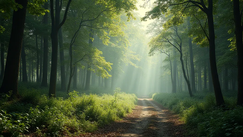 Ancient forest with distant wildfire smoke.