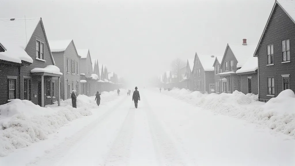 Snowdrifts in a 19th-century town during the Great Blizzard of 1888