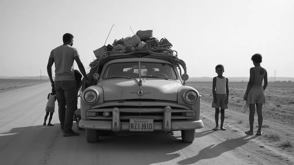 A photograph of a family of Dust Bowl migrants standing in front of their car, piled high with belongings.