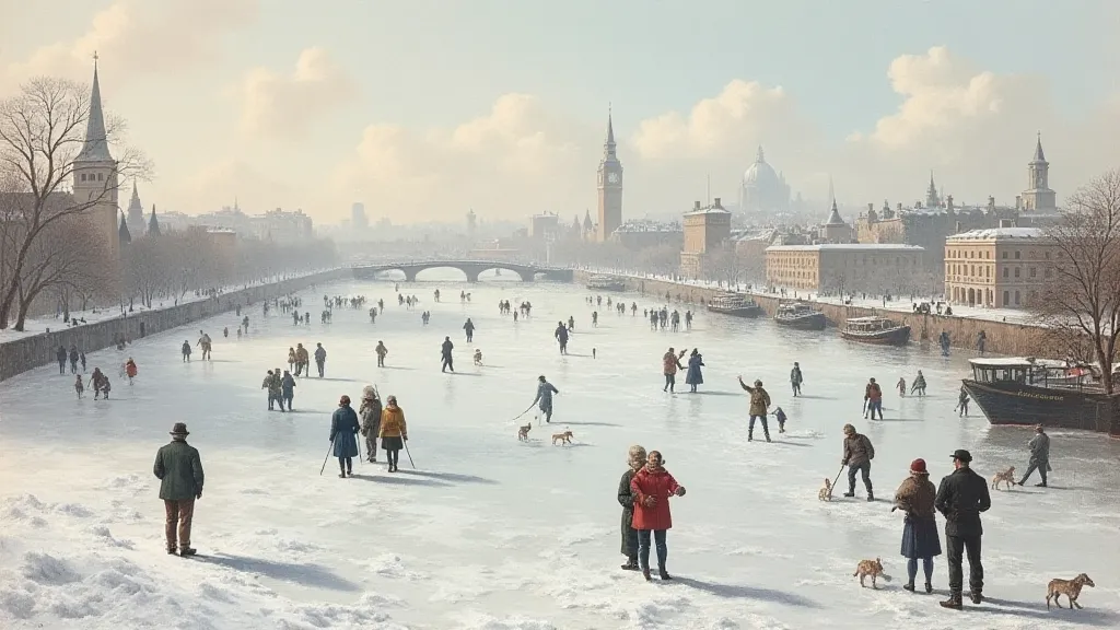 A depiction of the River Thames frozen over during the Little Ice Age.