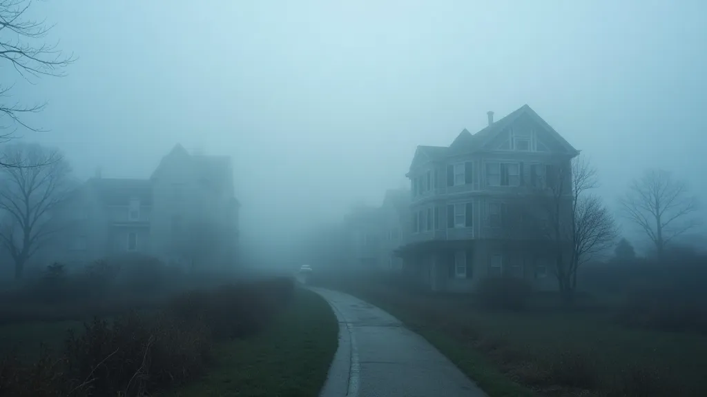 Historic coastal town enveloped in dense fog