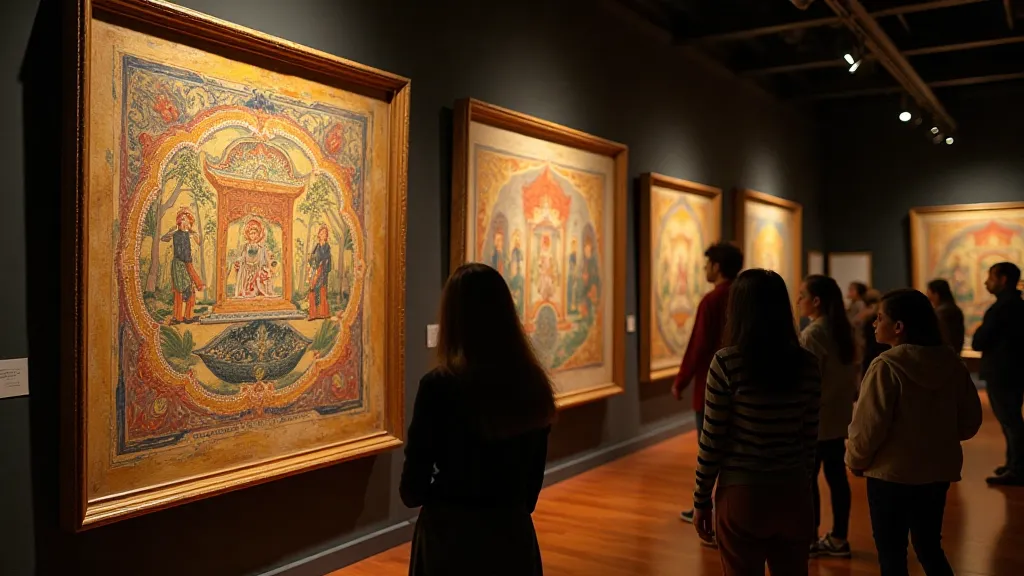 Antique Mughal paintings on display in a museum