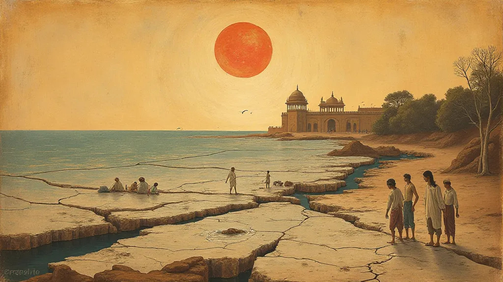 Mughal painting of a drought-stricken riverbed