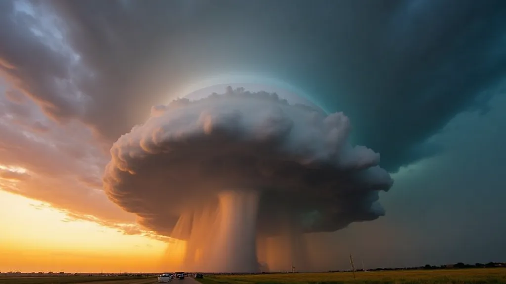 A powerful supercell thunderstorm over Texas, with a prominent rotating updraft (mesocyclone).