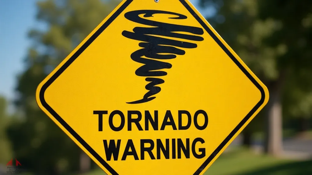 A brightly colored tornado warning sign posted in a public area.