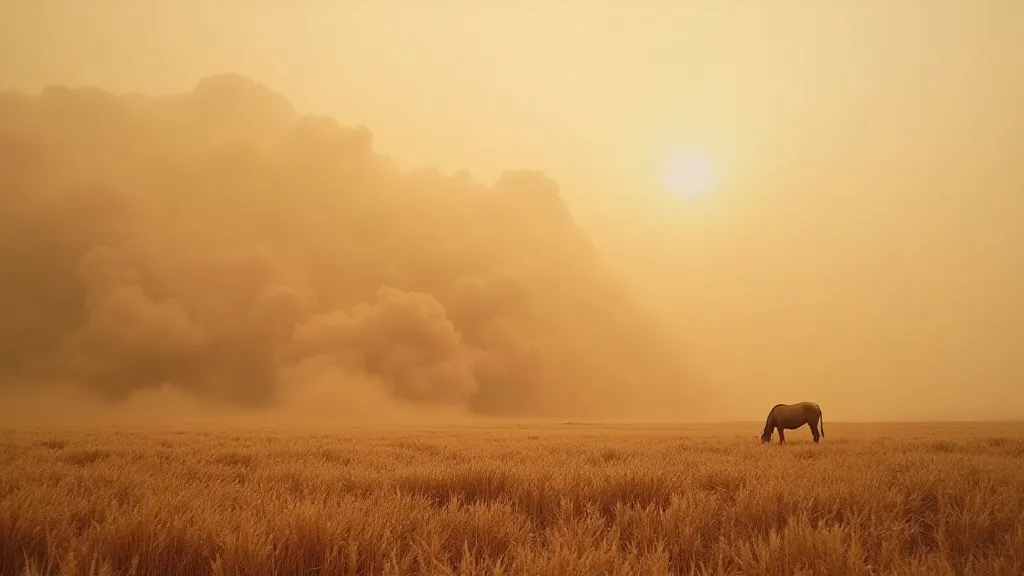 A field of wheat being blown by a large dust storm.